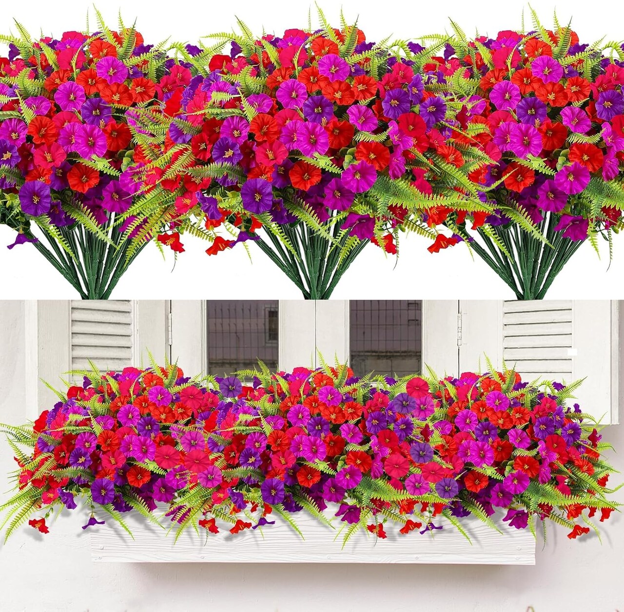 12 Bundles UV Resistant Artificial Petunia Flowers for Outdoors, Fake Spring Summer Flowers with Fern and Eucalyptus, Outdoor Indoor Garden Planter Porch Decoration